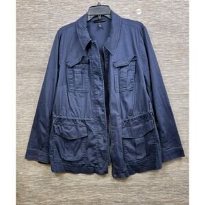 Lane Bryant Jacket Womens 16 Blue Twill Utility Military Zip Pockets Mid Length